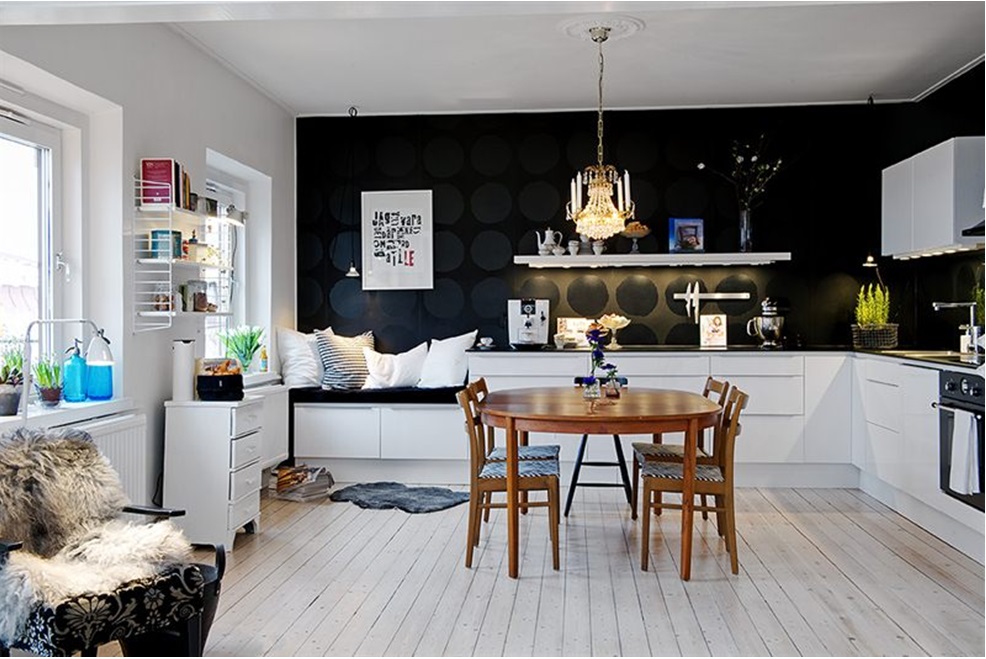 black and white kitchen feature wall