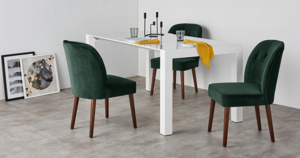 pair of dark green velvet dining chairs from made.com - Mad About The House