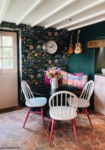 pink and green kitchen at sophie robinson house