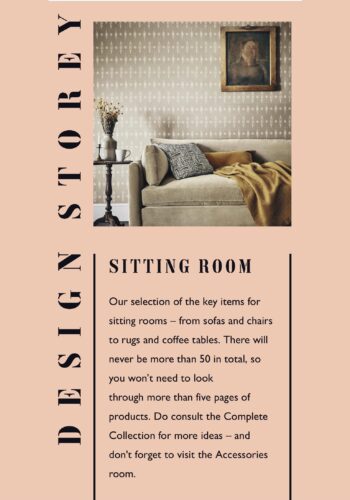 Design Storey landing page for Sitting room. Peach graphic with neutral geometric patterned wallpaper and sand velvet sofa