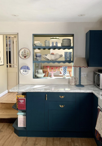 Katherine Ormerod has made over her rented kitchen using vinyl, paint and new shelving.